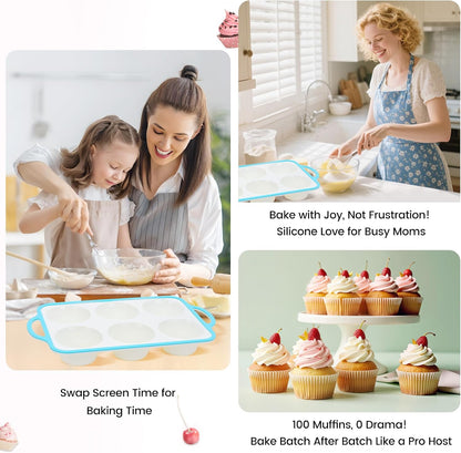 Silicone Muffin Pans for Baking 2 Pack, 2.6 Inch with Metal Reinforced Frame, Regular Size Nonstick Cupcake Pan 12 Cups for Baking Homemade Muffins, Dishwasher Safe BPA Free-Blue
