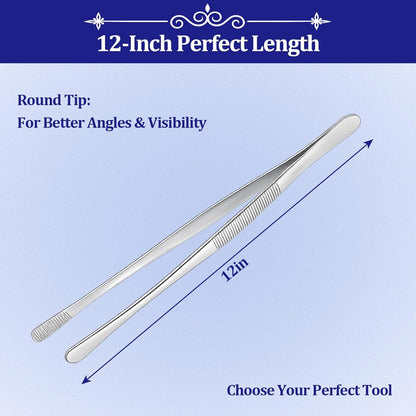 12-inch Stainless Steel Cooking Tongs & Tweezers, Non-Slip Grip & Serrated Tips for Grilling, Baking, Garnishing, BBQ, Kitchen & Craft Use (Round Tip)