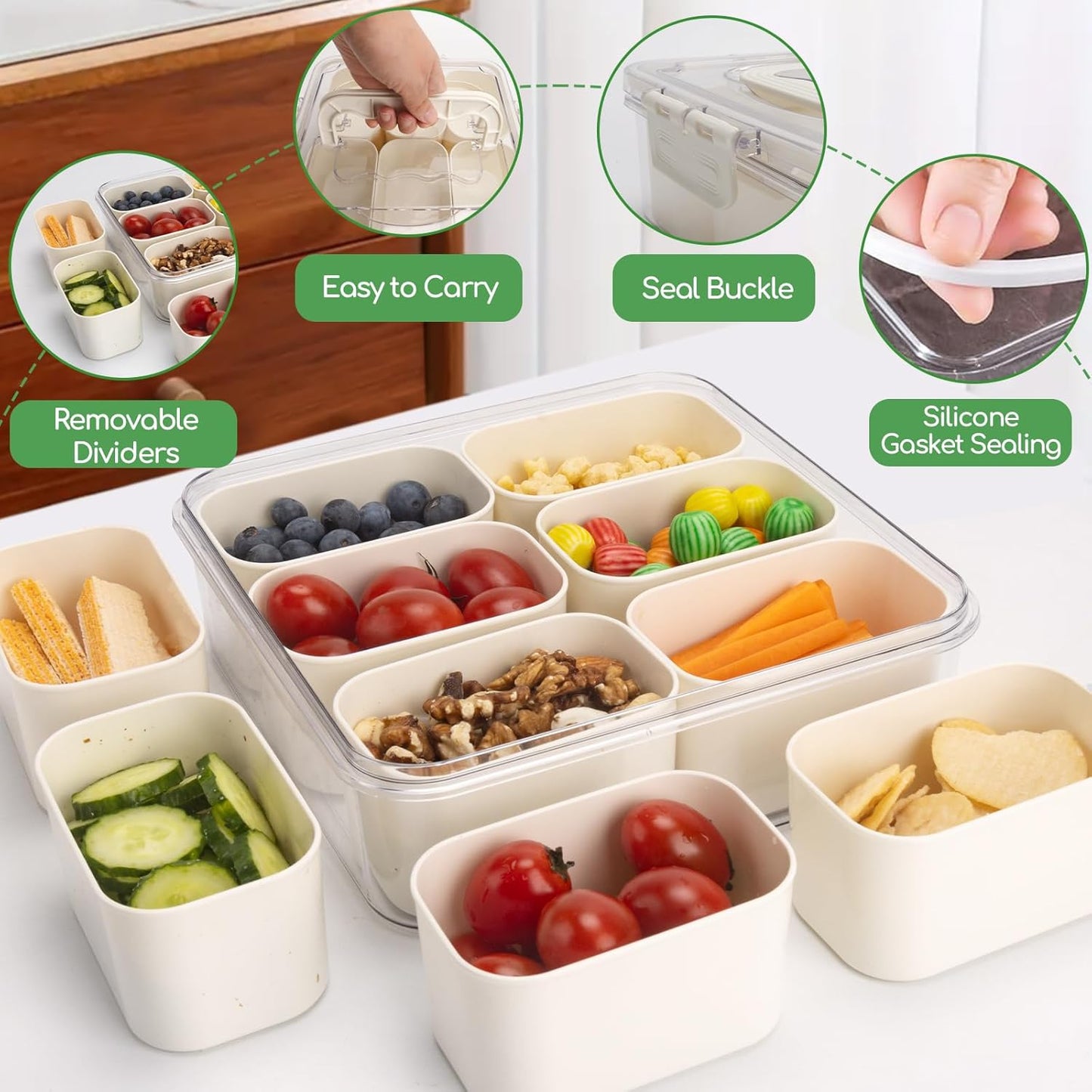 shopwithgreen 2Pcs Divided Serving Tray with Lid and Handle, Portable Snackle Box Snack Containers for Charcuterie, Party, Veggies, Snack, Fruit, Nuts, Candy, Chip, Entertaining, Picnic