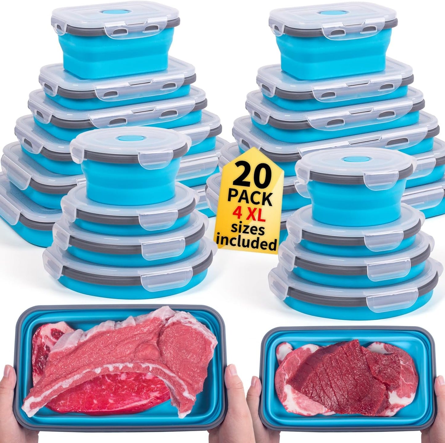 Collapsible Food Storage Containers with Lids, 4 Pack, 40 oz Silicone 1-Compartment Meal Prep Containers Reusable, Lunch Bento Boxes for Adults, Microwave Freezer Dishwasher Safe, BPA-Free, Black