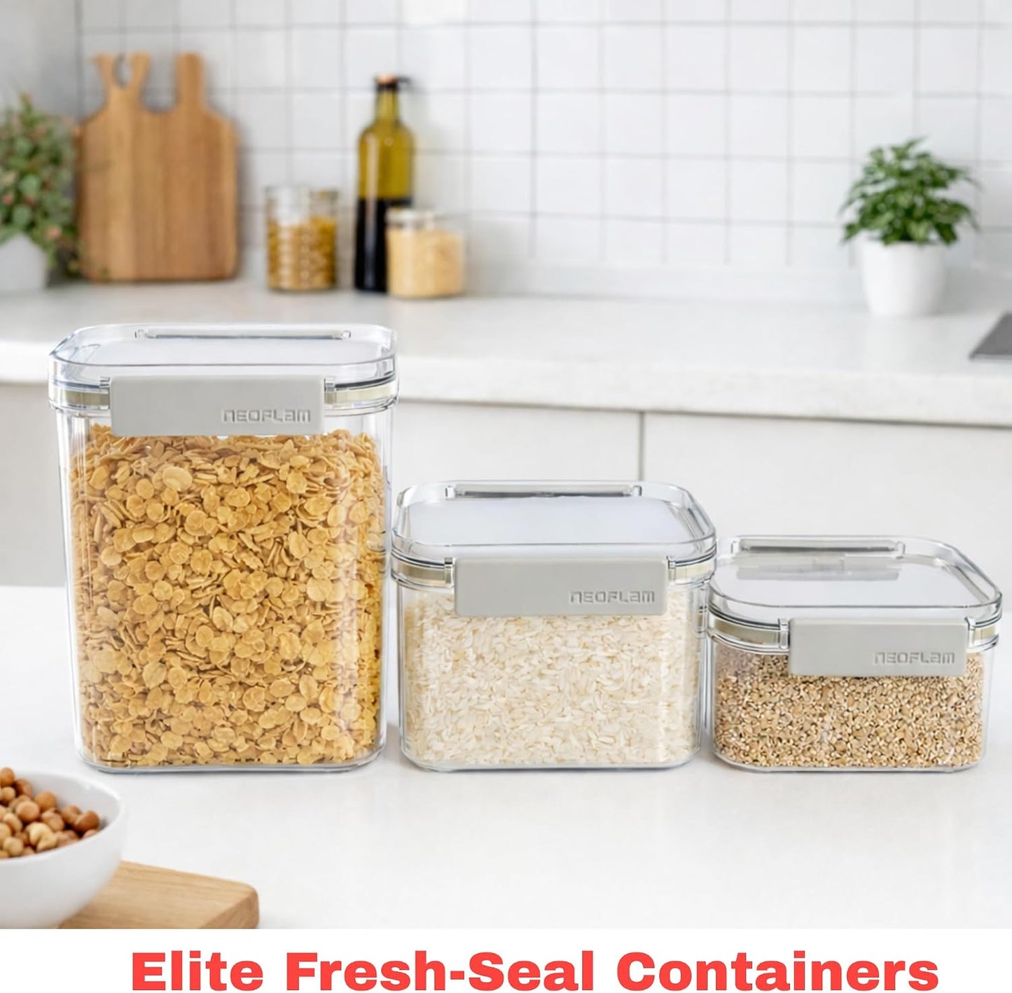 Neoflam 3 Set Airtight Kitchen Pantry Dry Food Container with Handle, Dog, Cat, Pet Feed Dispenser with Measuring Cup, Refrigerator Cabinet Organization for Cereal, Rice, Grain, Pasta (61oz, 1800ml)
