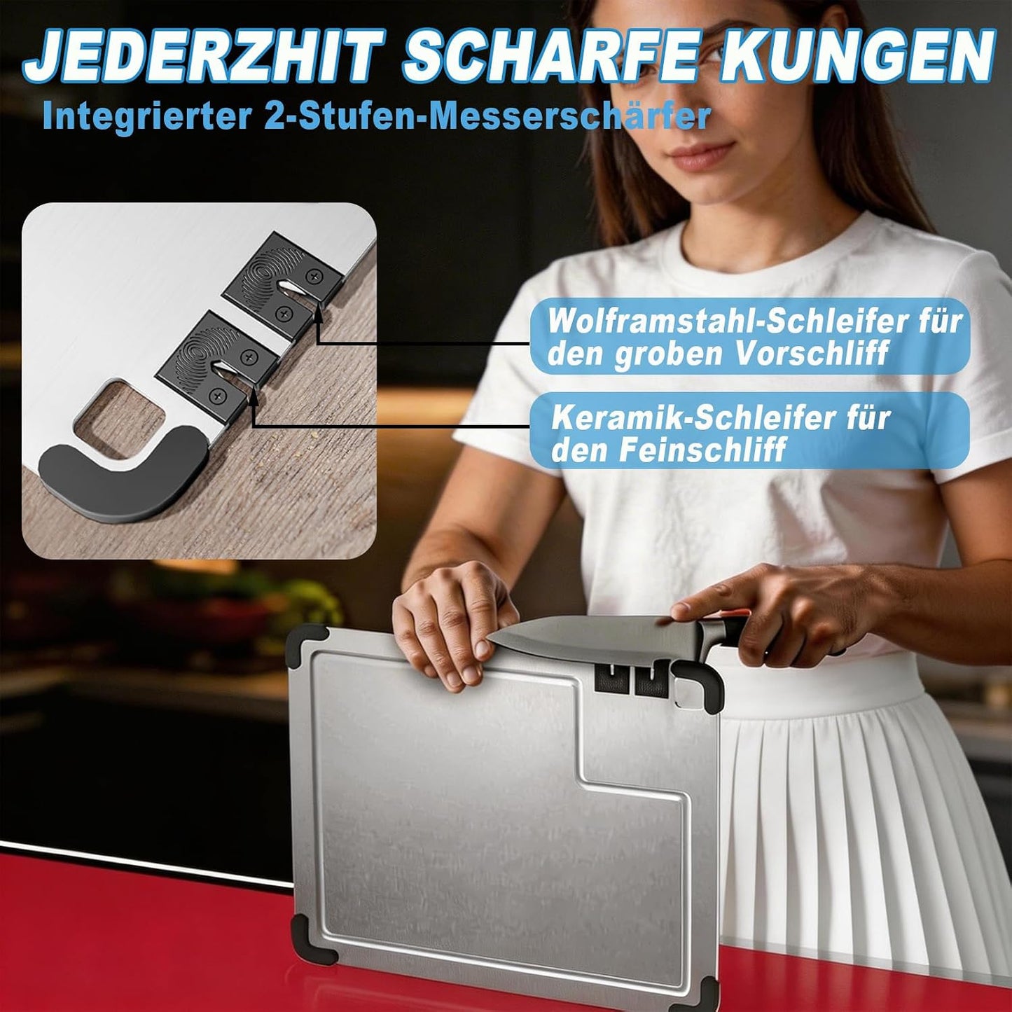3-Piece Titanium Cutting Board Set with Dual-Stage Knife Sharpener,Double Sided Food-Grade Chopping Board,Non-Slip Feet,Deep Juice Groove,Heavy Duty,Hygienic & Dishwasher Safe Kitchen Chopping Boards