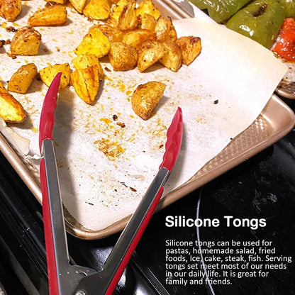 Mini Silicone Serving Tongs Set of 3, Small Kitchen Tongs (7 inch) with Silicone Tips and Stainless Steel Handle, Cooking Tongs for Salads, Pasta, Steaks, Vegetables