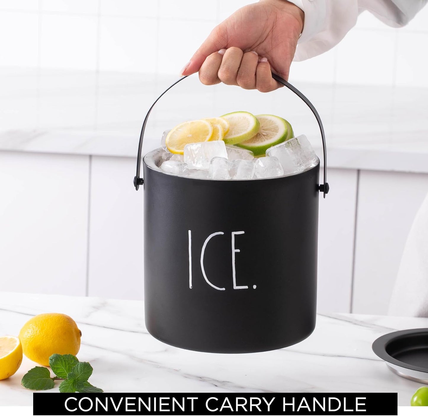 Rae Dunn Ice Bucket with Scoop - Stainless Steel Bucket with Handle, Lid and Ice Scooper - 4 Qt. Storage Bin for Ice Cubes for Bars, Parties, Backyard Barbeques, Picnics, and Camping (Black)