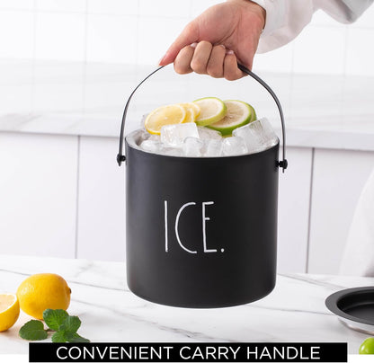Rae Dunn Ice Bucket with Scoop - Stainless Steel Bucket with Handle, Lid and Ice Scooper - 4 Qt. Storage Bin for Ice Cubes for Bars, Parties, Backyard Barbeques, Picnics, and Camping (Black)