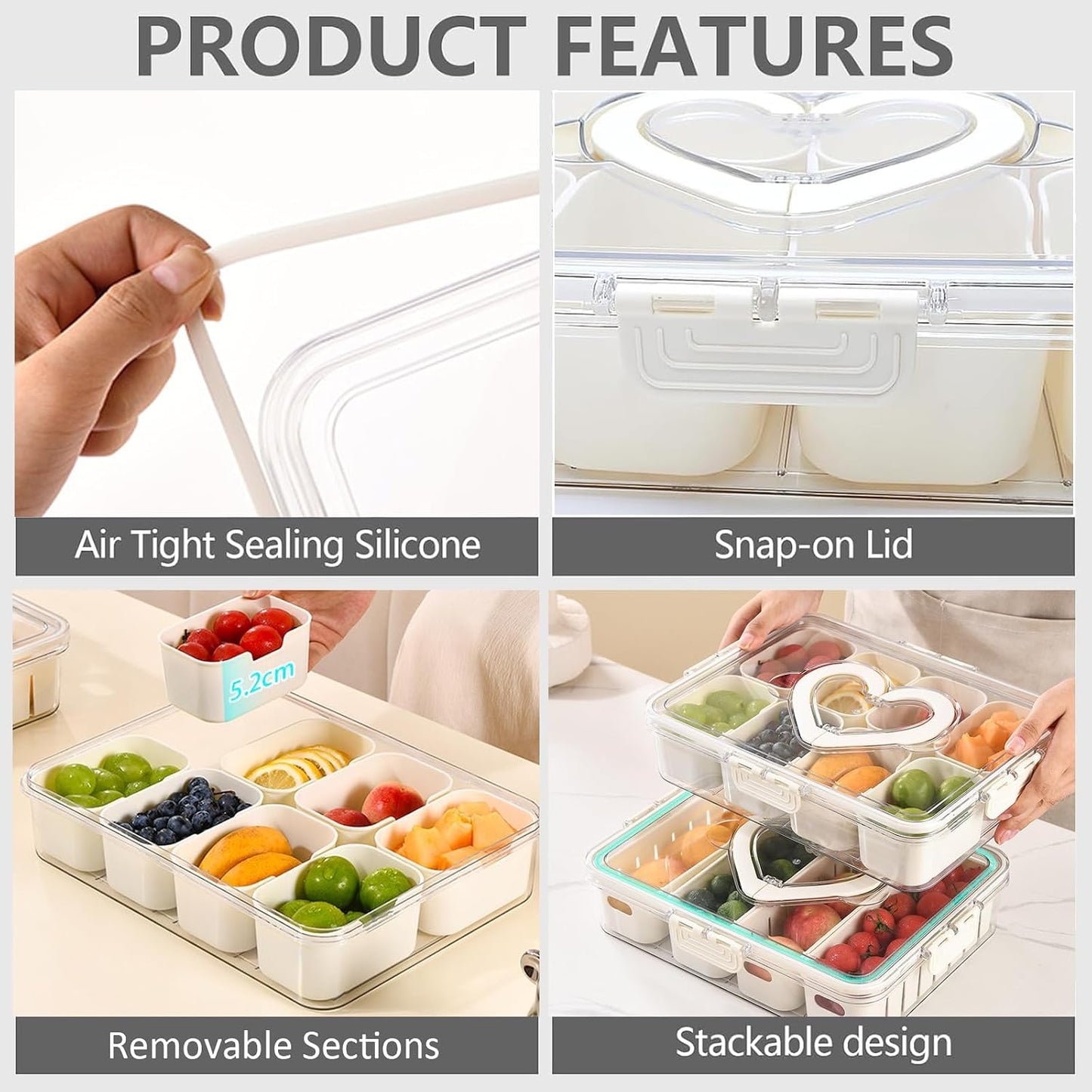 Snackle Box Container, Portable Snack Containers with Lids for Candy, Fruits, Nuts, Veggies, Snacks (White(2 Pack-4 Compartments))