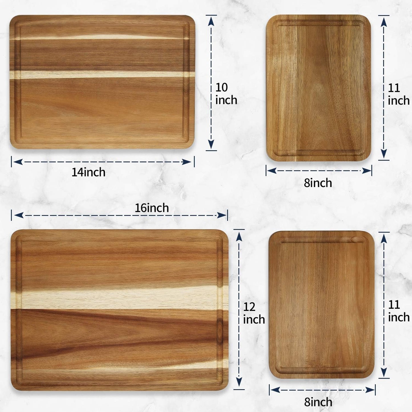 AZRHOM Large Wood Cutting Boards Set of 4 for Kitchen Cheese Charcuterie Board (Gift Box Included) Acacia Butcher Block with Non-slip Mats, Juice Groove and Handles (16x12, 14x10, double 11x8 inch)-4