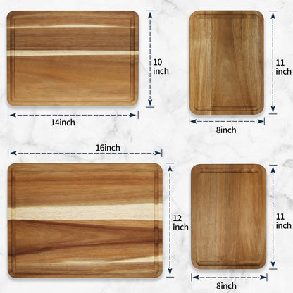 AZRHOM Large Wood Cutting Boards Set of 4 for Kitchen Cheese Charcuterie Board (Gift Box Included) Acacia Butcher Block with Non-slip Mats, Juice Groove and Handles (16x12, 14x10, double 11x8 inch)-4