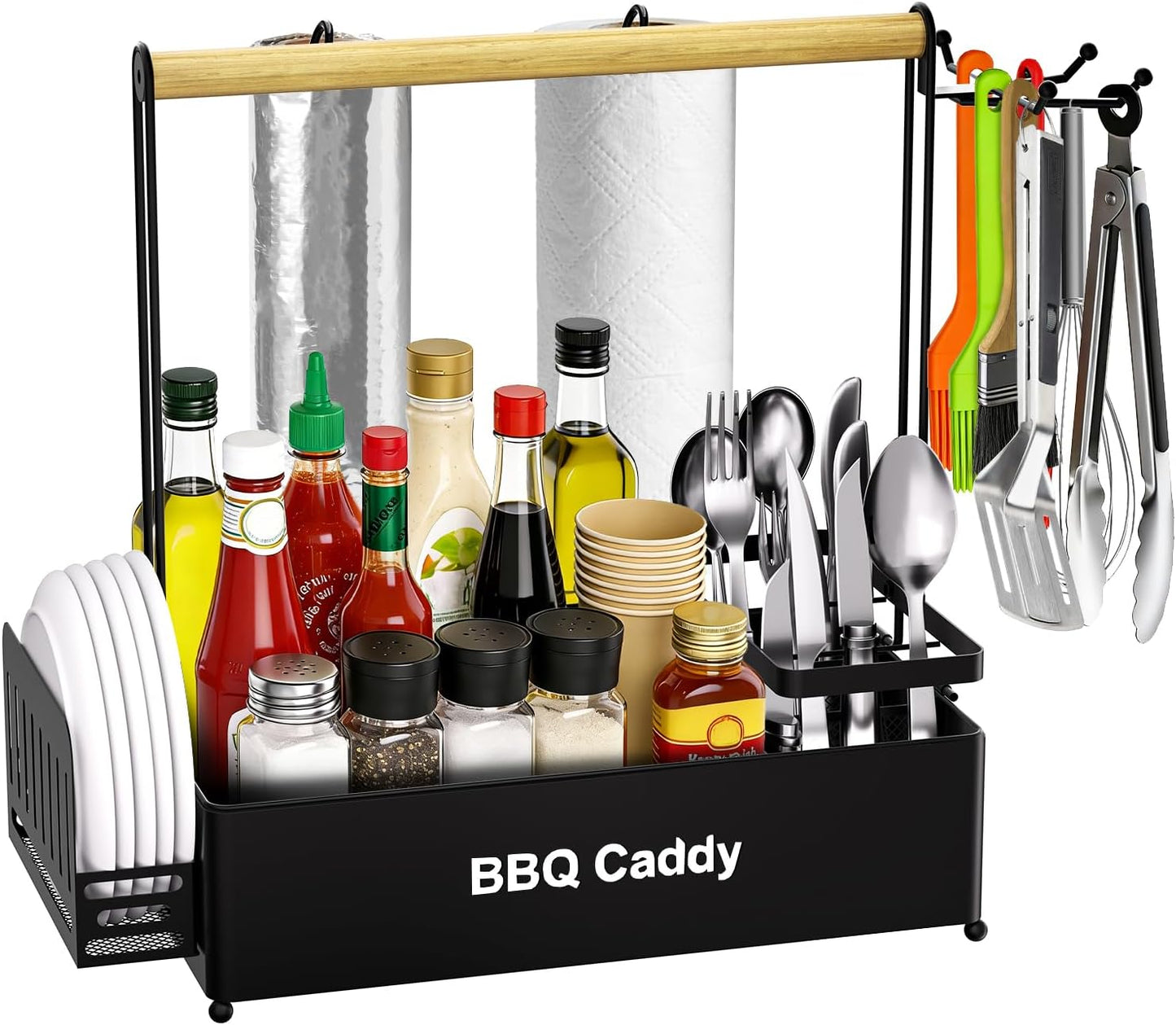 Picnic Caddy BBQ Utensil Caddy for Outdoor Grill Camping for Plate Cutlery CompartmentStorage with 3 Hooks Kitchenn Barbecue Accessories RV Patio Tailgate EssentialsEasy Carry Grilling Gifts for Men