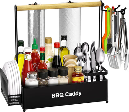 Picnic Caddy BBQ Utensil Caddy for Outdoor Grill Camping for Plate Cutlery CompartmentStorage with 3 Hooks Kitchenn Barbecue Accessories RV Patio Tailgate EssentialsEasy Carry Grilling Gifts for Men