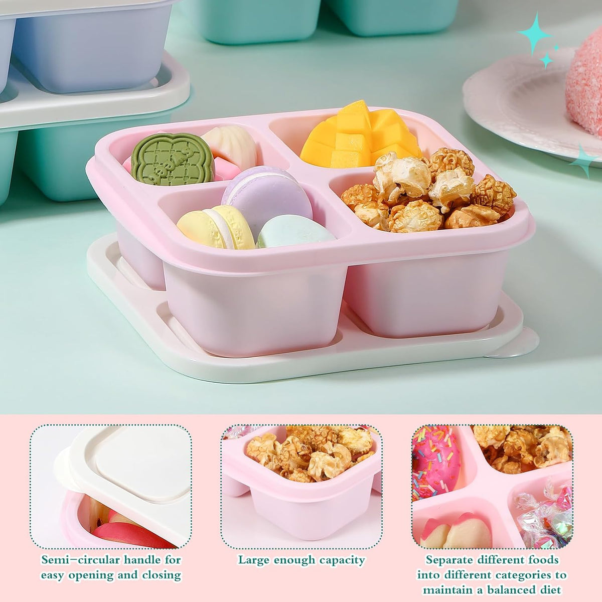 Honeydak 10 Pack Bento Snack Containers 4 Compartment Snack Boxes Reusable Containers with Lids Divided Meal Prep Lunch Food Storage Box for School Work Travel