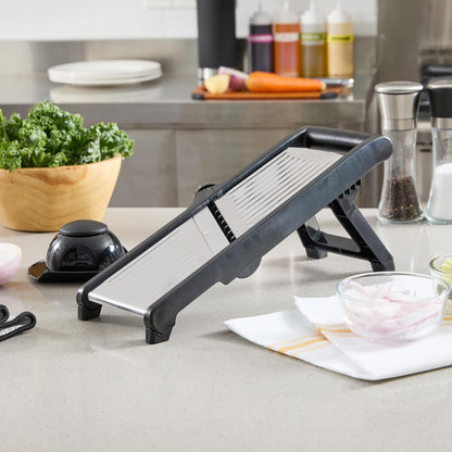 Restaurantware Stainless Steel Adjustable Mandoline Slicer - German Standard Vegetable Slicer with Blade Guard, Includes Cut-Resistant Gloves - Food Slicer for Potato, Onions, Cucumbers, Tomato