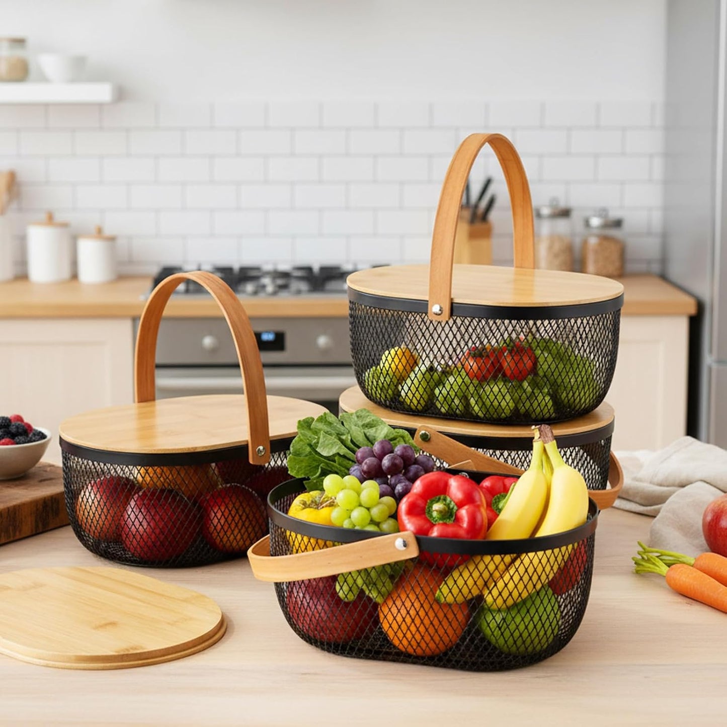 4 Pcs Stackable Metal Mesh Fruit Basket with Lid Oval Wire Mesh Storage Basket with Handle 10 x 7 x 3.9 Inch Stackable Wire Baskets Pantry Organizer for Fruit Vegetable Kitchen, Black