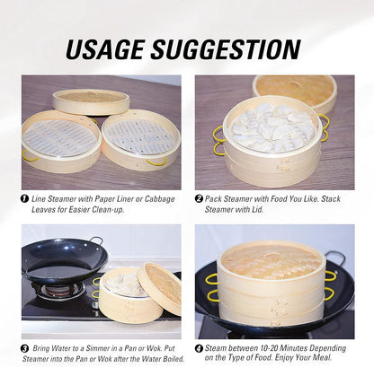 MacaRio 10 Inch Bamboo Steamer Basket Set Dumpling Steamer for Cooking