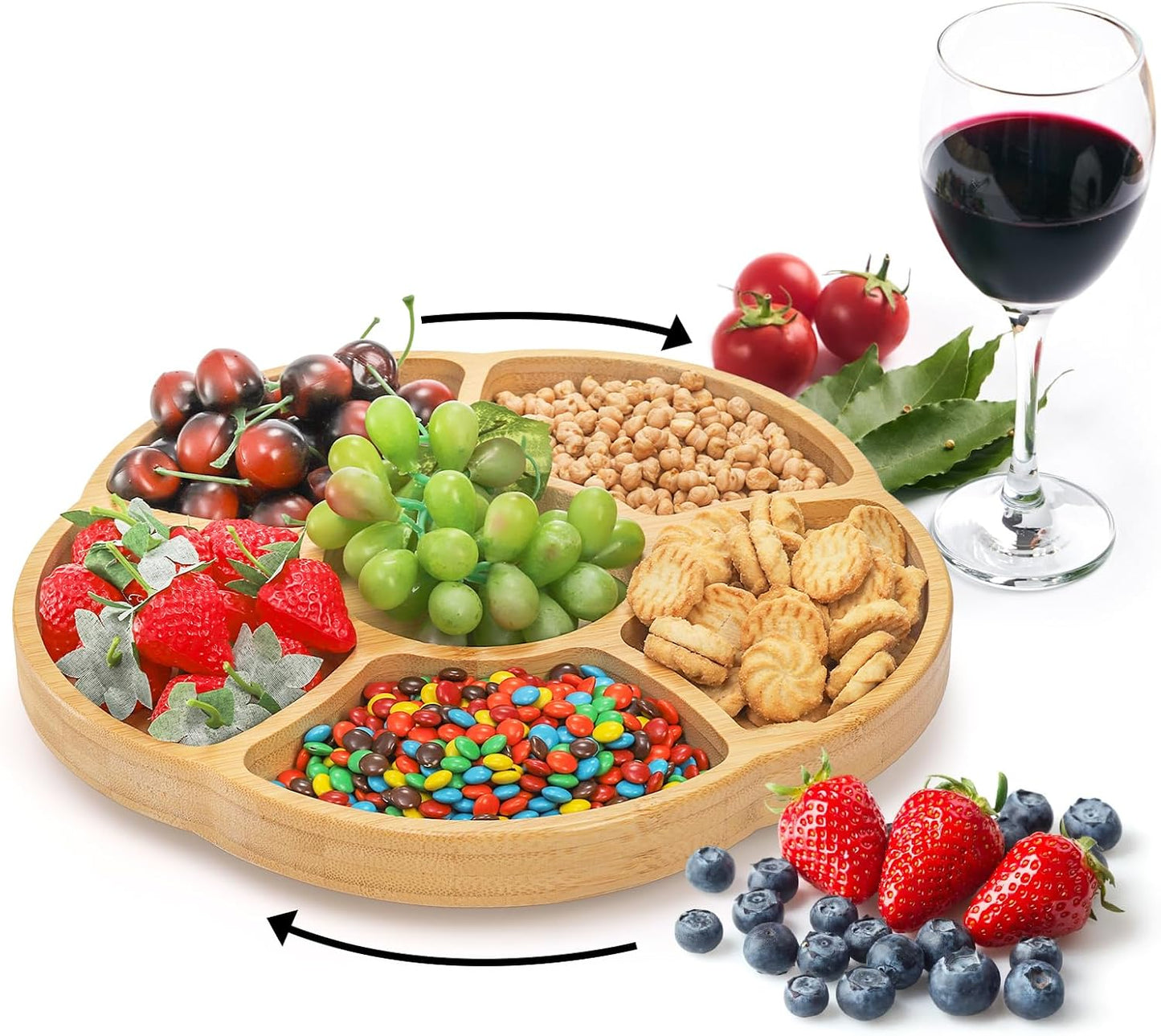 Cididu 12'' Lazy Susan Serving Tray, Bamboo Food Tray, Appetizer Divided Serving Platter Dishes, 360° Rotating Relish Party Tray, 6 Compartments Bamboo Tray for Snack Nut Fruit Veggie Chip and Dip