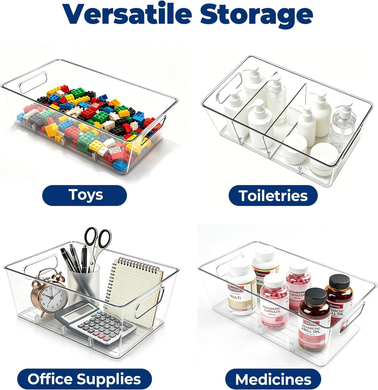 8 Pack Pantry Organizers and Storage, Food Storage Containers with 3 Removable Divider for Kitchen, Fridge, Cabinet Organization, Clear Plastic Storage Bins for Snacks, Spice Packets, Packets, Pouches