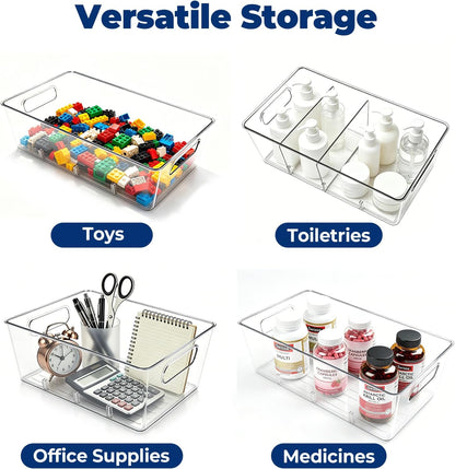 8 Pack Pantry Organizers and Storage, Food Storage Containers with 3 Removable Divider for Kitchen, Fridge, Cabinet Organization, Clear Plastic Storage Bins for Snacks, Spice Packets, Packets, Pouches