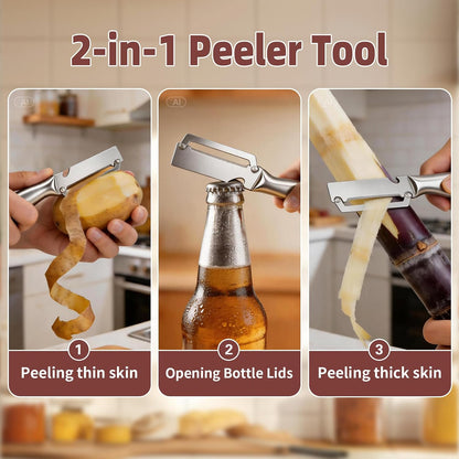 Multifunctional Vegetable Peeler, 3 in 1 Julienne Peeler with Wooden Handle, Vegetable Shredder with Bottle Opener Kitchen Tool for Peeling Veggie Fruit Pineapple Pumpkin Papaya Carrrot(2 Pack)
