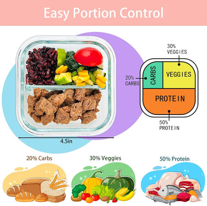 Bariatric Meal Prep Containers 3 Pack, 8 oz Portion Control Containers for Bariatric Meals with Two 4 oz Compartments, Reusable Glass Snack Food Containers with Lids (Pink)