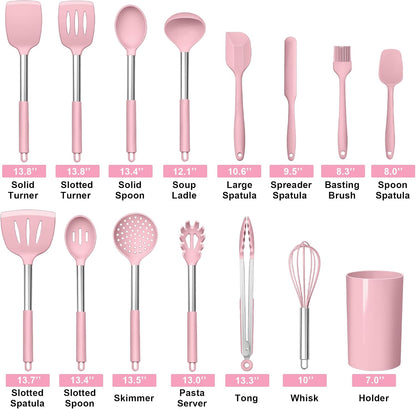 LIANYU 15 Pcs Kitchen Cooking Utensils Set with Holder, Silicone Kitchen Tools with Stainless Steel Handle, Heat Resistant Gadgets, Brush Spatula Spoon Whisk for Cookware, Dishwasher Safe, Khaki