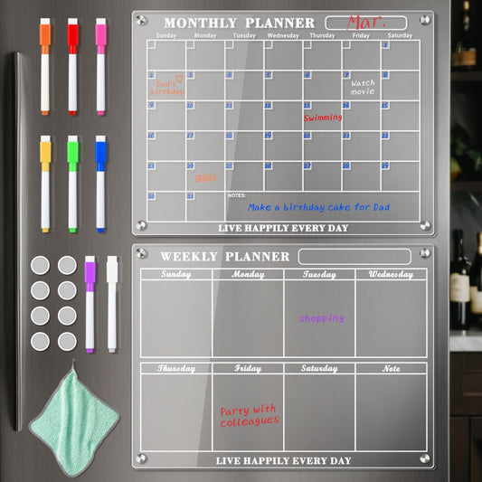 Acrylic Magnetic Calendar for Refrigerator - WINLION Monthly Calendar with 8 Color Markers Clear Board for Fridge Acrylic Refrigerator Calendar for Monthly Planning,15"x11"