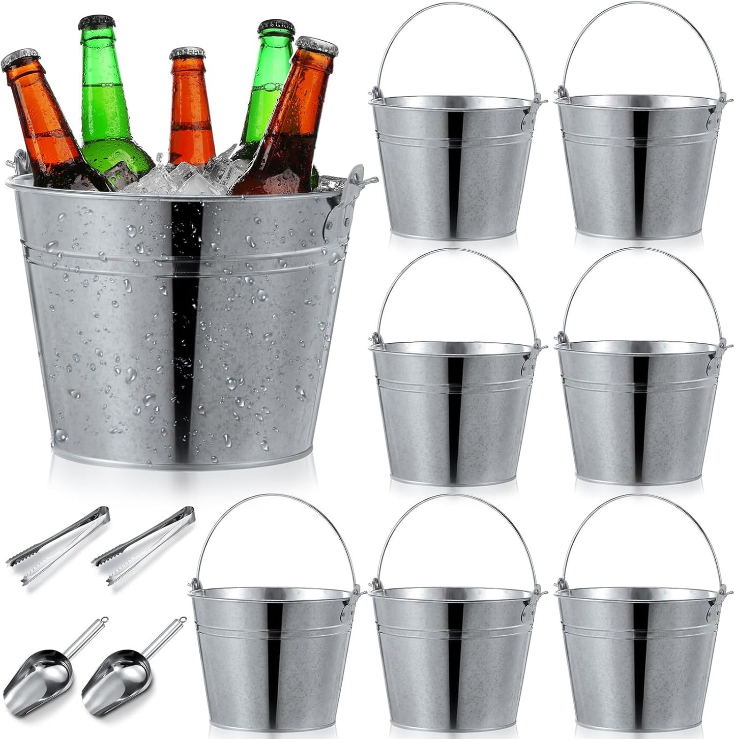 Zopeal 12 Pcs Galvanized Beer Bucket Set, Includes 8 Metal Ice Buckets 5qt with 2 Scoops & 2 Tongs, Round Slive Pails Bulk for Weddings Birthday Beach Pool Party Supplies Summer Table Centerpieces