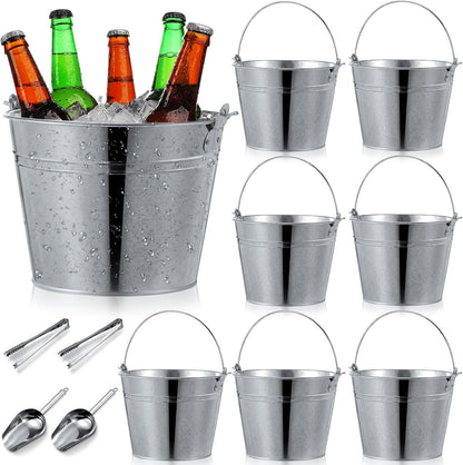 Zopeal 12 Pcs Galvanized Beer Bucket Set, Includes 8 Metal Ice Buckets 5qt with 2 Scoops & 2 Tongs, Round Slive Pails Bulk for Weddings Birthday Beach Pool Party Supplies Summer Table Centerpieces