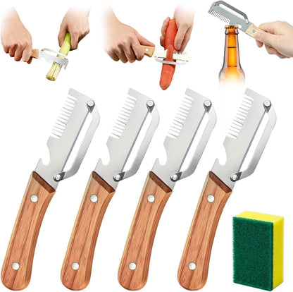 Multifunctional Vegetable Peeler with Bottle Opener Julienne | 4PCS, Stainless Steel, Wooden Handle, Fruit Potato Carrot Pumpkin, 3-in-1 Peeler