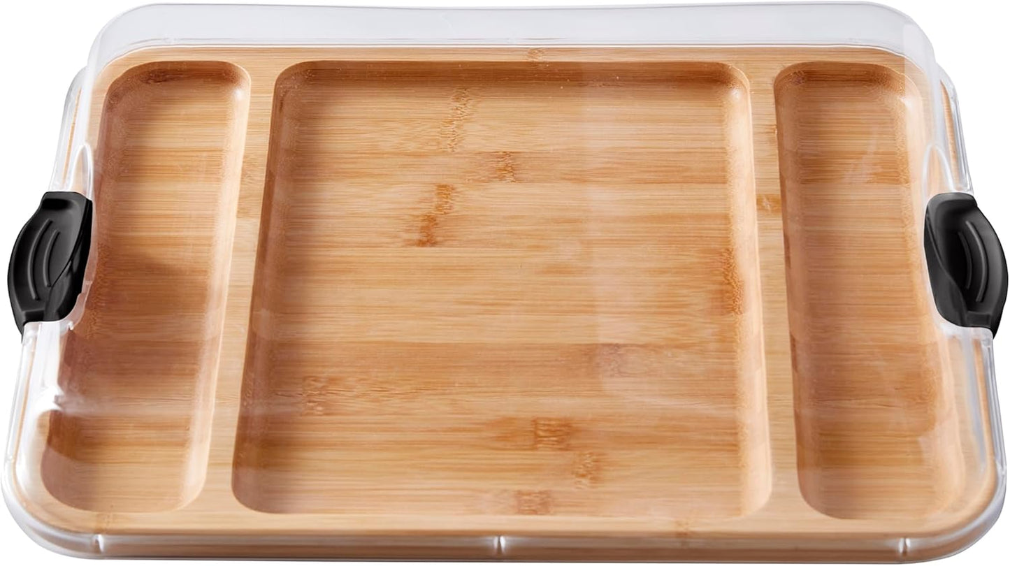 Farberware Build-A-Board Bamboo Cutting Board with Built-In Compartments & Clear Locking Lid, Black Handles, Charcuterie, Snack Tray, Food Prep and Serving Platter