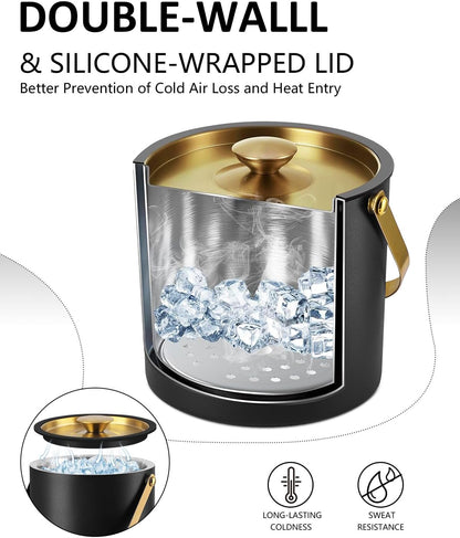 Bakpoco Insulated Ice Bucket with Silicone Lid, Scoop, Tongs & Strainer, 3L Stainless Steel Double Wall Ice Buckets for Parties & Cocktail Bar, Champagne Ice Bucket with Lid for Freezer, Ivory