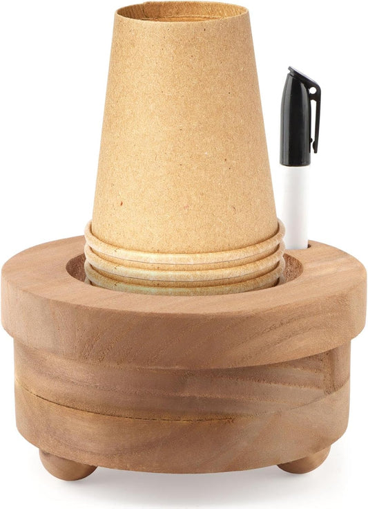 Wood Cup Holder with Marker Slot, Paper Cup Storage Box Round Disposable Cu-p Dispenser for Party Decor Bar Kitchen Housewarming Gift (Color:Brown)