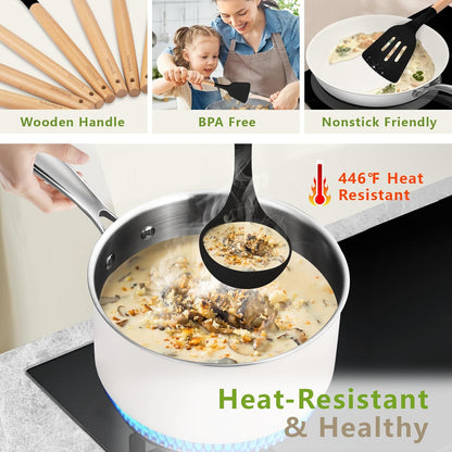 SAKAMOSH Silicone Cooking Utensils Set with Holder, 12 Pcs Heat Resistant Kitchen Utensils Set with Wooden Handle, BPA-free Spatula, Tongs, Spoons Set for Nonstick Cookware, Black