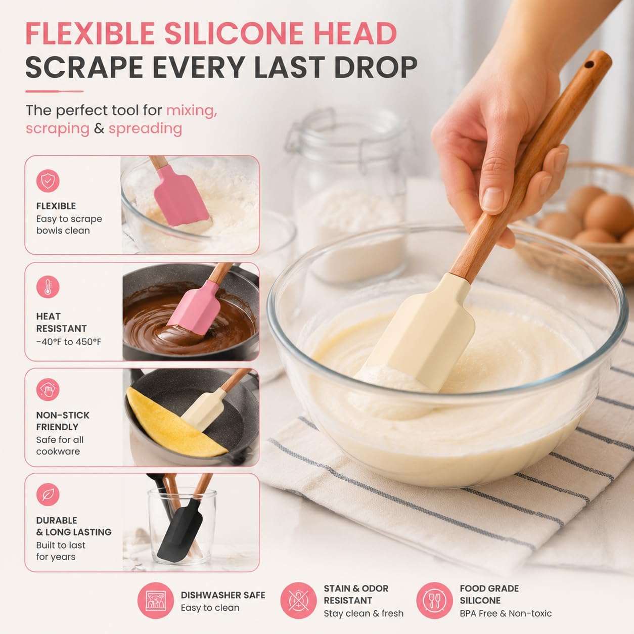 Silicone Spatula Set 3 Pieces - BPA Free&600 ° F High Temperature Resistant, Suitable for Baking, Cooking, and Stirring, Non Damaging and Non Sticky Pot Coatings