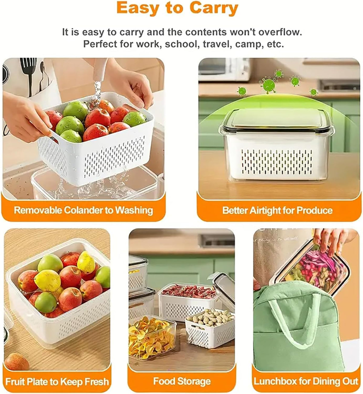 3pcs 4 in 1 Fruit Storage Containers for Fridge with Removable Colanders