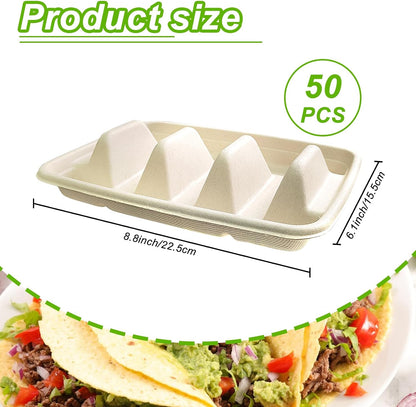 50PCS Disposable Taco Holder for Party，Disposable Taco Plates with 3 Dividers Disposable Taco Holders for Taco Tray Holder, Pulp Fiber Plates Disposable for Taco Tuesday Lazy Susan Taco Bar