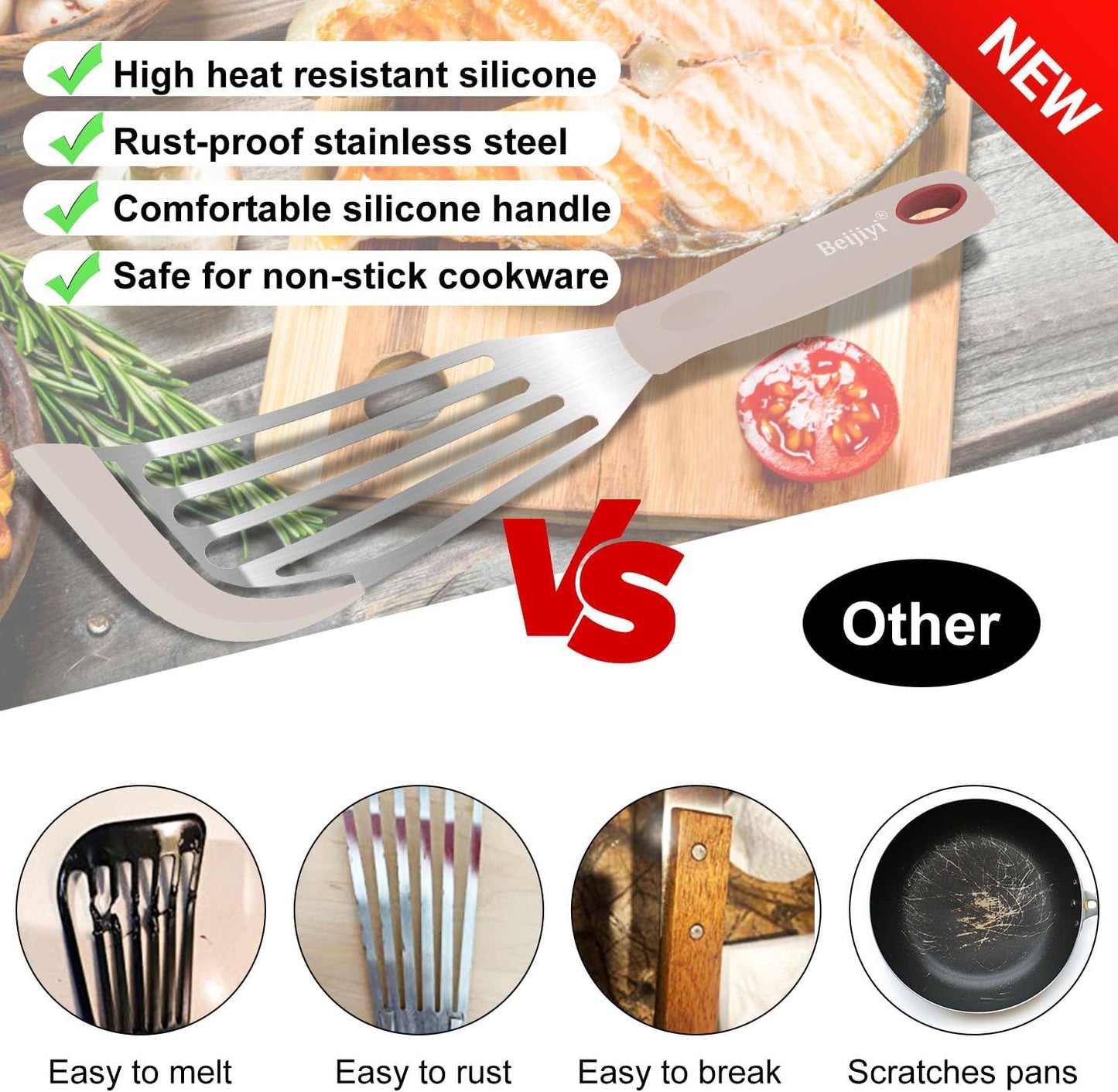 Beijiyi 2-Piece Silicone Fish Spatula for Nonstick Cookware, Heat Resistant | BPA Free, Flexible & Thin Edge, Scratch-Free, Slotted Turner, Kitchen Use, Cooking Flipper for Egg, Pancake, Dishwasher Safe