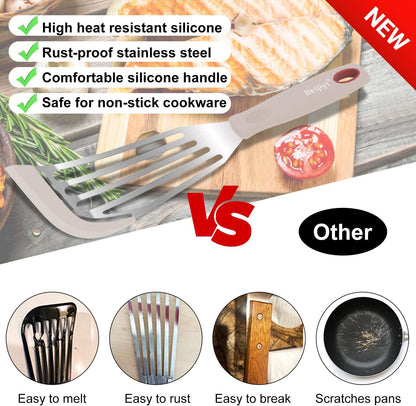 Beijiyi 2-Piece Silicone Fish Spatula for Nonstick Cookware, Heat Resistant | BPA Free, Flexible & Thin Edge, Scratch-Free, Slotted Turner, Kitchen Use, Cooking Flipper for Egg, Pancake, Dishwasher Safe