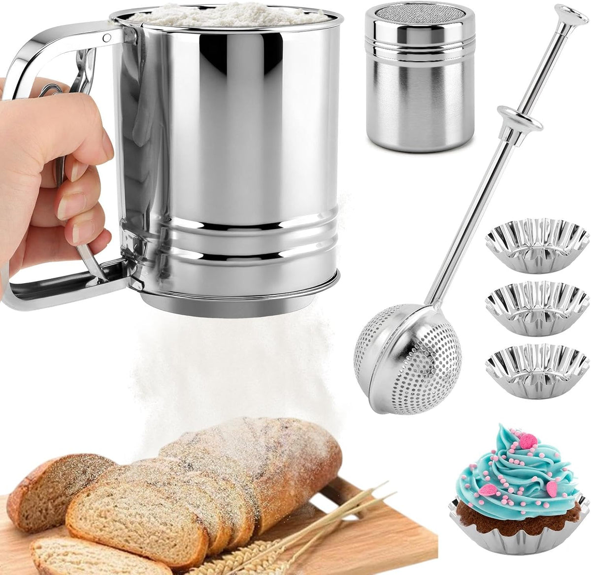 Flour Sifter Set, 4‑in‑1 Stainless Steel Double Layer Fine Mesh Sifter