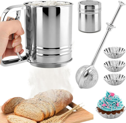 Flour Sifter Set, 4‑in‑1 Stainless Steel Double Layer Fine Mesh Sifter