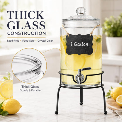 1 Gallon Beverage Dispenser 1 Pack, Stainless Steel Spigot Drink Dispenser for Parties with Stand, Clear Glass Drink Container Easy to Refill and Clean