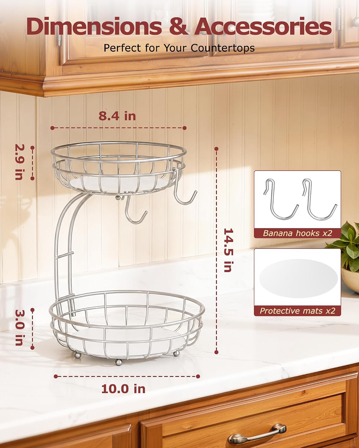 Sevenblue 2 Tier Large Fruit Basket for Kitchen Counter with Removable Banana Hanger - Sturdy Iron Fruit Bowl for Kitchen Counter and Vegetable Holder, Fruit Holder for Home Decor, Black