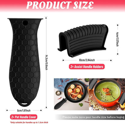 4 Pack Silicone Hot Handle Holder Cover Cast Iron Handle Cover Silicone Pot Holders Heat Resistant Assist Pan Handle Sleeve Non-Slip Pot Handle Covers for Cast Iron Skillet Metal Pan(Black)