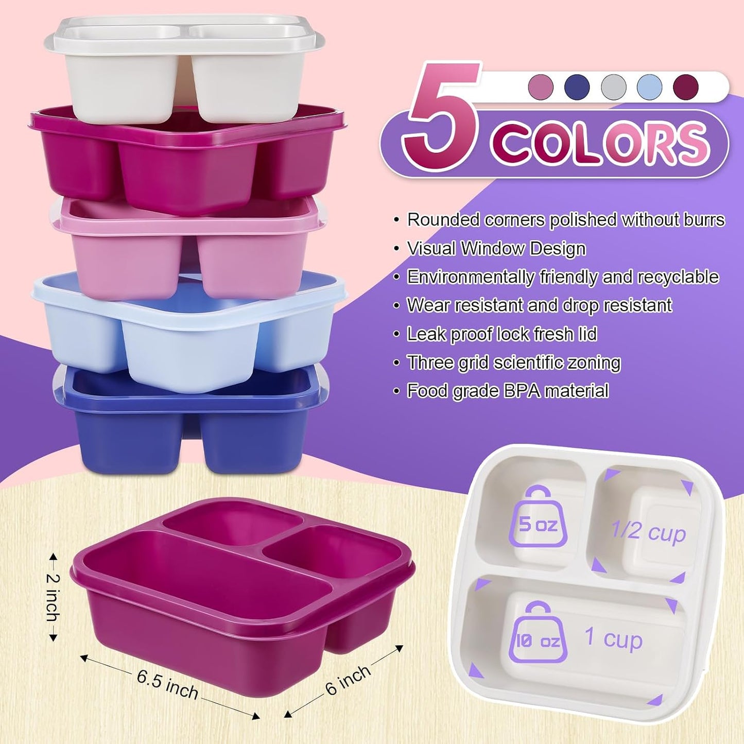 Honeydak 5 Pack Snack Containers 3 Compartment Bento Snack Boxes Divided Meal Prep Containers with Lids Reusable Adults Lunch Food Storage Box for School Work Travel(Elderberry)
