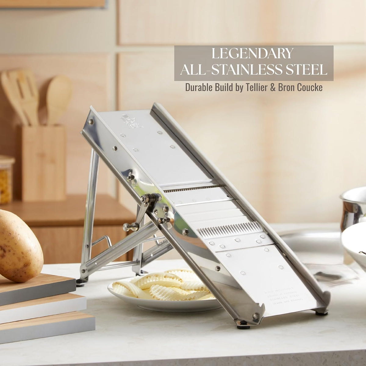 ICO by Bron Coucke Professional Mandoline Slicer by Tellier with Hand Guard – Heavy Duty Stainless Steel Mandoline Slicer – Adjustable Built-in Straight, Julienne, & Crinkle Blades – Crafted in France