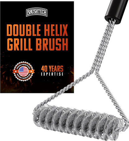 Brushtech Double Helix Grill Brush, 16″ Flat BBQ Grill Cleaner - Bristle‑Free Coil Springs Clean Tops & Sides - Stainless Steel, Long Reach Handle, Heavy‑Duty BBQ Tool for Gas & Charcoal Grates