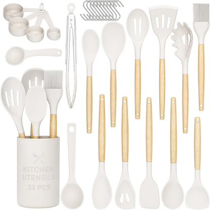 33-Piece Silicone Kitchen Cooking Utensils Set with Holder| Heat-Resistant | Non-Stick Cooking Utensils with Wooden Handles – BPA-Free Cookware Utensils set | Kitchen Tools Great for Gifting (GREEN)
