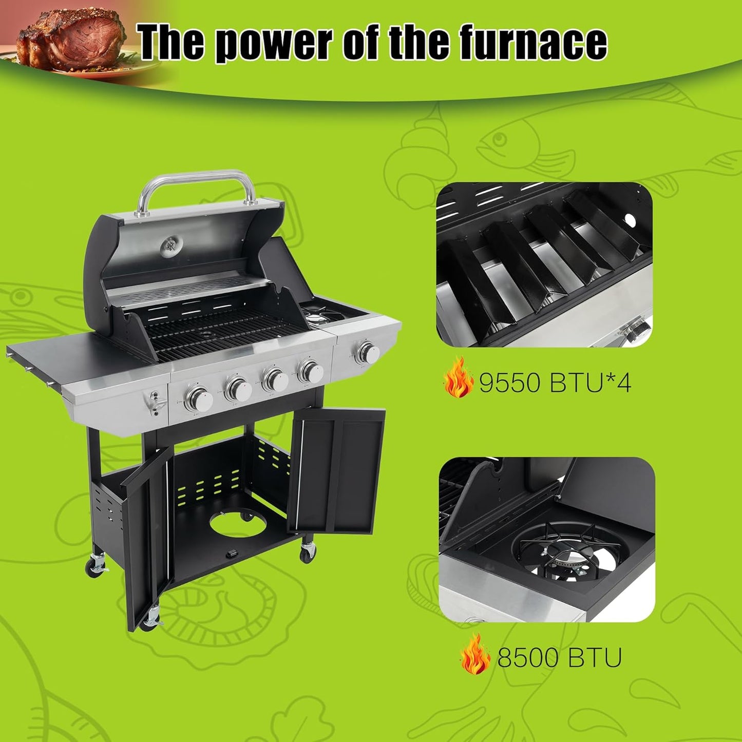 4 Burner Outdoor Propane Gas Grill with Side Burner & Thermometer, Stainless Steel Barbecue Grill with Wheels for Patio BBQ Cooking, Camping