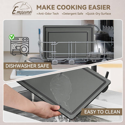 Empune Plastic Cutting Board Set, Recycled Plastic Cutting Boards for Kitchen (Set of 3), Dishwasher Safe Large Chopping Board with Holder, Non-slip Feet and Juice Grooves, Nonporous, Grey