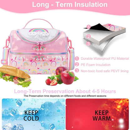 RHCPFOVR Kids Lunch Bag - Double - Decker Cooler Insulated Lunch Box for Boys Girls,Washable Lunch Bag with Strap and Reusable Toddler Lunchbox for School and Daycare