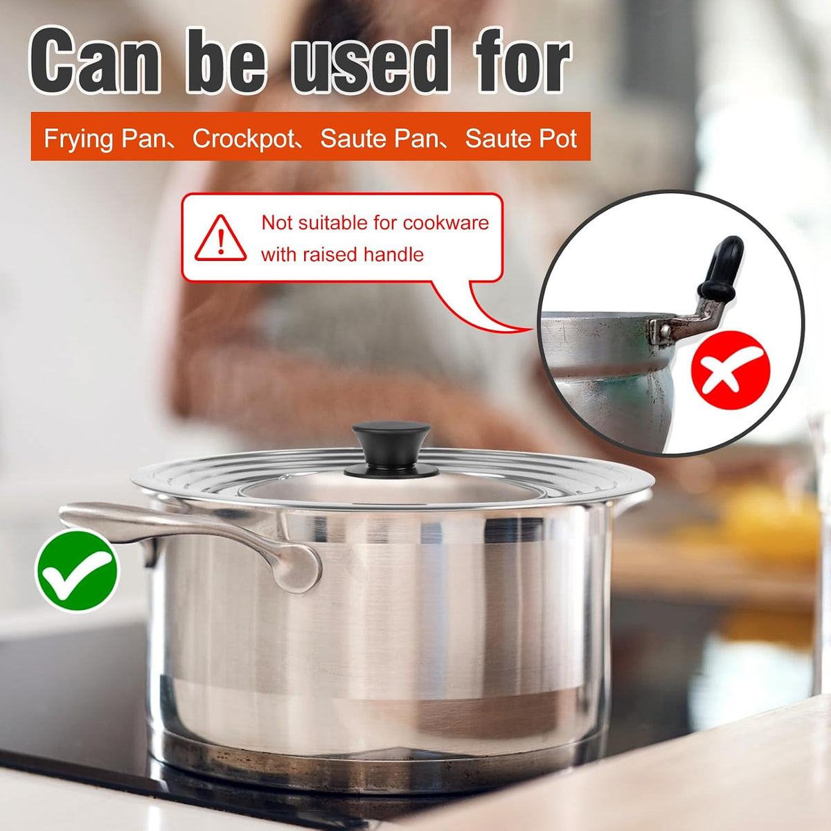 Universal Lids with Tempered Glass Top Fits 6, 7, 8 & 8.2, 9, 10, 11, 12, 12.5 Inch Cookware, Replacement Frying Pan Cover for Pots, Pans and Skillets, Cast Iron Lids for Space Saving